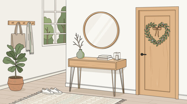 Cozy hygge inspired entryway with console table, mirror, plant, and heart wreath on door