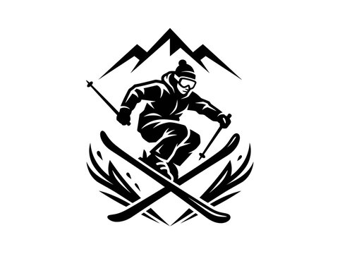 Skiing Winter Sports Skier Black and White Graphic Icon with Mountains and Snow
