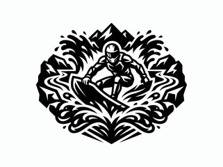 Fototapeta premium Action Water Sports Wakeboarder Surfer Rider Vector Emblem Logo Black and White Illustration