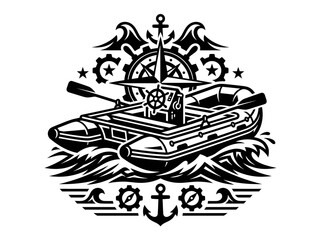 Fototapeta premium Nautical Seal with Inflatable Boat, Compass, Anchor Gears