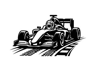 Obraz premium Black and White Illustration of Formula 1 Race Car on Track, Vector Art