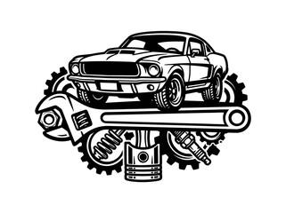 Obraz premium Black and White Line Art of Classic Car and Auto Repair Tools