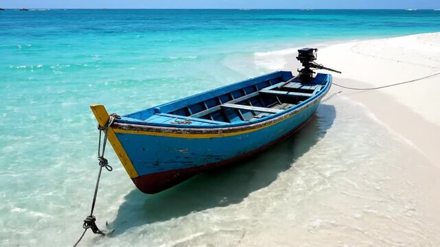 Turquoise Ocean Waves Gently Wash Ashore as a Blue Wooden Boat with an Outboard Motor Rests on a Sandy Beach