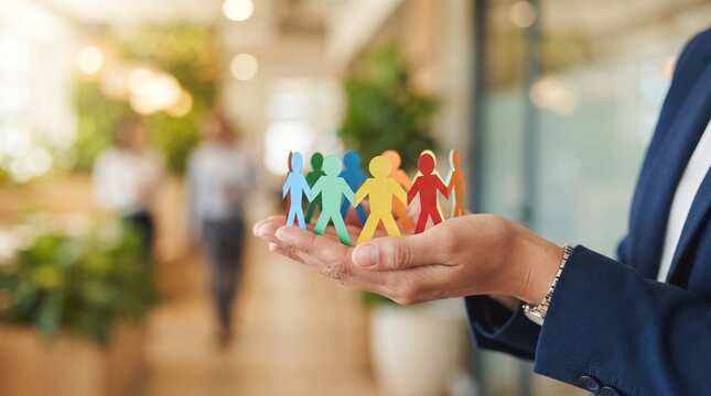 A person holding a circle of colorful paper people cutouts in an office, symbolizing diversity, inclusion, and teamwork.