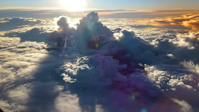 Breathtaking aerial view of the sun shining through dramatic cloud formations and golden hour hues