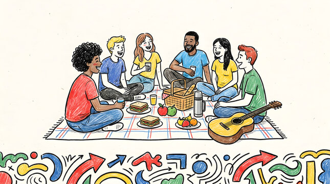 Group of friends having a picnic with guitar isolated on transparent background illustration