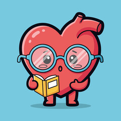 Cute cartoon heart character reading a book with glasses.