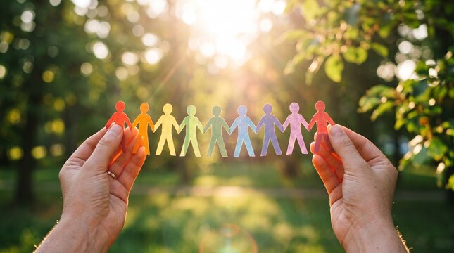 Two hands holding a chain of rainbow paper cutouts against a sunny park background, symbolizing unity, diversity, and community.