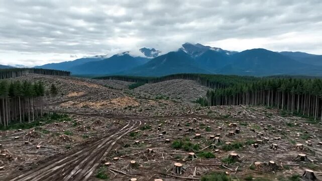 Aerial view of a deforested landscape with tree stumps, logging trails, and mountain peaks in the distance under a cloudy sky.