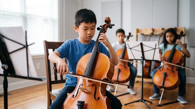 Young Asian boy focused on playing cello in music school classroom, sitting with bow and instrument while other students practice in background.