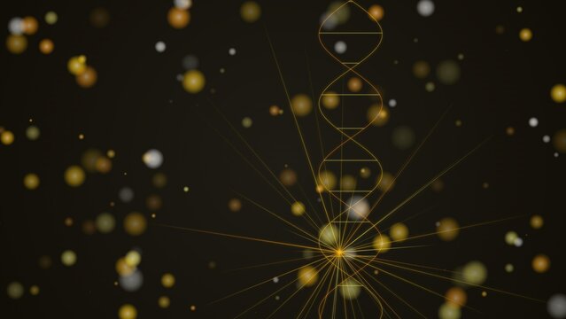 Golden dna helix structure with glowing light particles