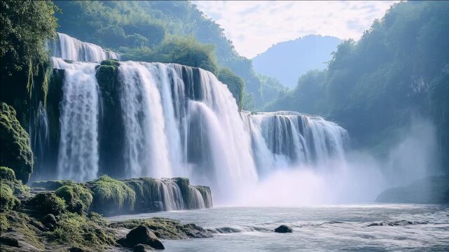 A tranquil waterfall cascading down a rocky cliff surrounded by lush greenery and majestic mountains.