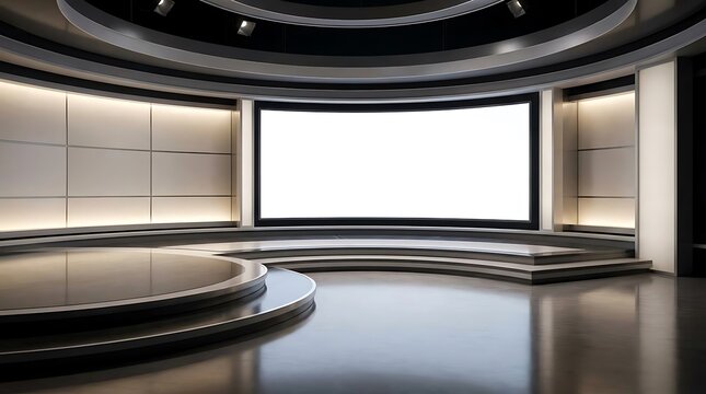 A modern virtual television set with a large central screen and glossy stage platform in a minimalist studio environment for professional broadcast