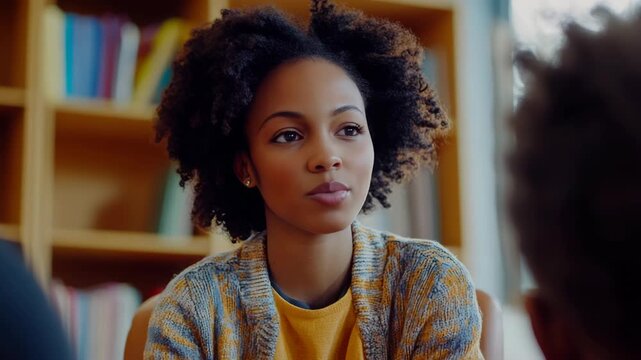This is a color of a young woman with afro hair sitting at a desk and looking to the side. She appears engaged in conversation or thought.