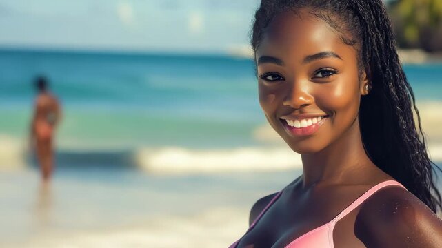Happy woman with glowing skin enjoying her time near water