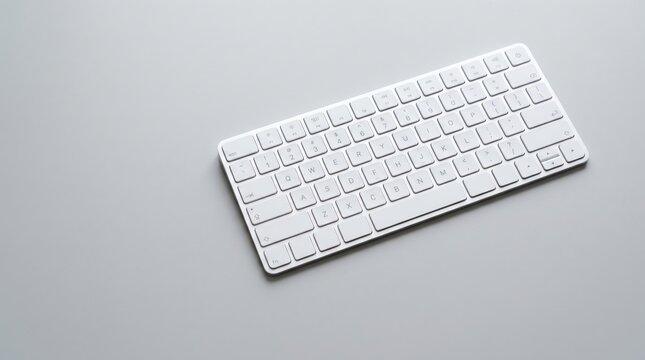 Minimalist white wireless computer keyboard isolated on clean grey, sleek modern design for office or home use, representing typing, input device, and digital communication