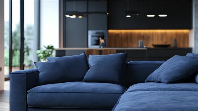 A contemporary blue couch with matching cushions sits invitingly in a modern home interior.