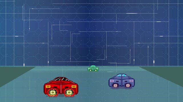 Pixel art style animation of a futuristic space car race, retro game, pixel, racing.
