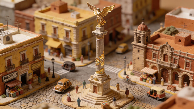 Miniature eagle statue atop column in detailed urban scene