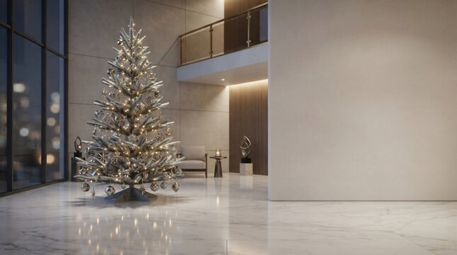 Festive christmas tree decorating modern interior space warm lights