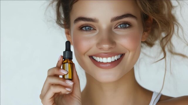 Smiling woman holds small amber bottle with dropper. Soft lighting highlights her radiant skin and bright eyes. Her hair is loosely styled, natural and flowing. She appears healthy, confident