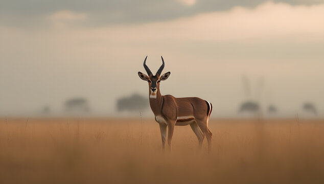 Graceful Blackbuck Silhouette in Serene Earth-Toned Grassland