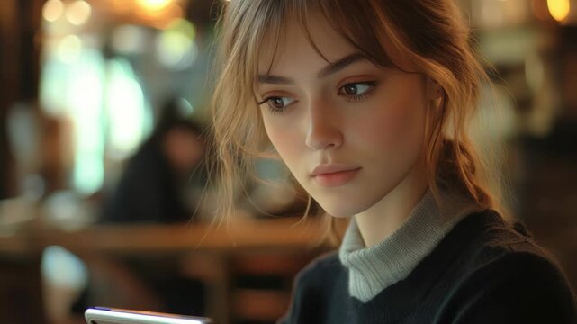 Young woman gazes at phone in cozy cafe. Soft lighting highlights her thoughtful expression. Warm tones enhance intimate, quiet atmosphere. Focus on her face and hands holding device