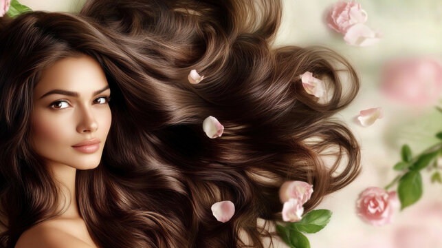 Beautiful young woman with long wavy brown hair surrounded by pink rose petals representing luxury hair care treatment, professional salon styling, and natural cosmetic beauty.