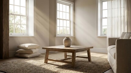 Fototapeta premium A serene living room interior presented by a professional agente immobiliare, featuring minimalist decor, natural light, and modern staging concepts.