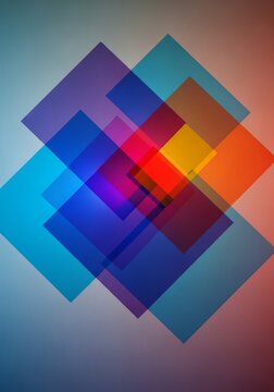 Abstract composition of translucent blue and red squares overlapping on a hazy background to create vibrant color blends and depth, digital, fusion, pattern