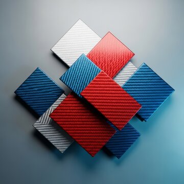 Abstract high-tech composition featuring overlapping carbon fiber plates with intricate weave patterns in cyber blue, laser red, and platinum, texture, pattern, ultra-modern
