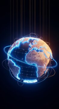 Abstract globe with floating concentric rings. Blue neon glow for oceans and matte beige for land, connected by vertical light beams, topography, technology, luminescence