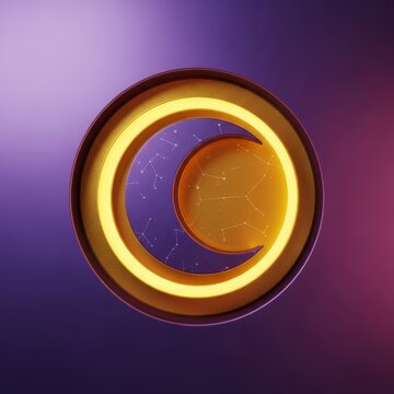 Abstract layered crescent shapes in twilight purple and radiant gold form a celestial eclipse over a subtle starry constellation background, night, astronomy, crescent