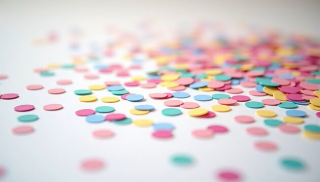 Colorful confetti scattered on white background creating festive atmosphere with bright pink, yellow, and blue circles. Cheerful confetti scattered for party themes and celebrations.