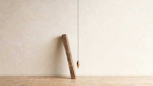 Plumb bob hanging still beside a slightly leaning timber post