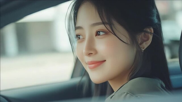 A cheerful woman at the wheel of a car.