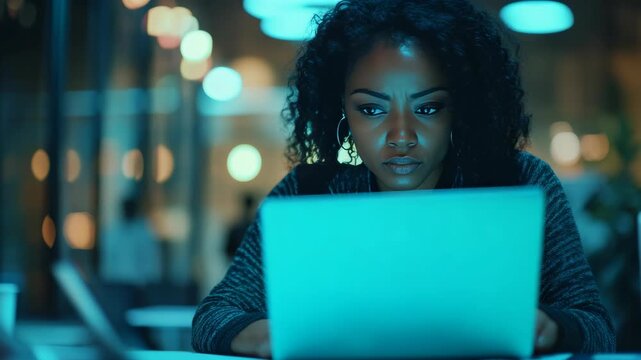 Woman focused on laptop screen at night. Soft bokeh lights blur background subtly. Her expression shows deep concentration. Cozy sweater adds warm, intimate feel