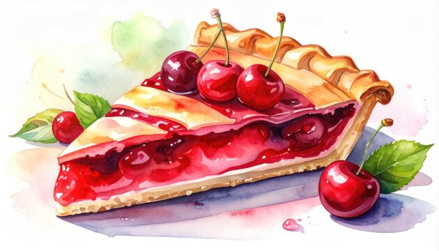 Watercolor Cherry Pie Slice with Fresh Cherries Illustration.