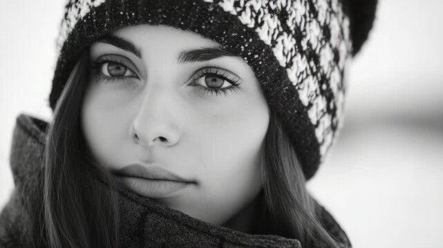 A beautiful woman wearing a winter coat and hat, looking off into the distance.