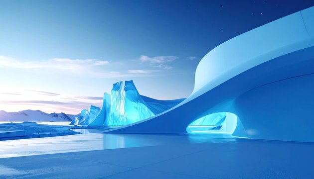 Surreal Arctic Landscape with Icebergs and Smooth Blue Structures.