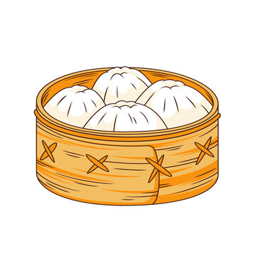 Steamed Dim Sum in Bamboo Steamer Basket Vector Illustration