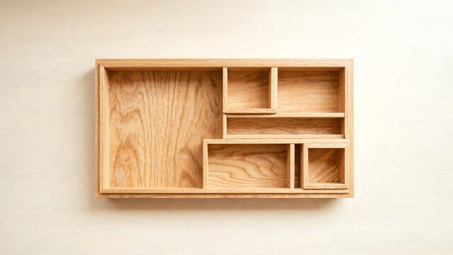 Wooden tray divided into compartments of deliberately unequal size