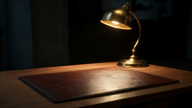 Brass desk lamp lit above an empty leather blotter in a dim room