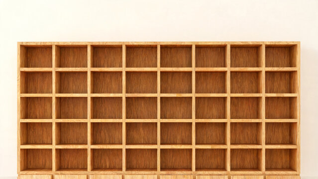 Wall of empty wooden pigeonhole shelves in a plain office