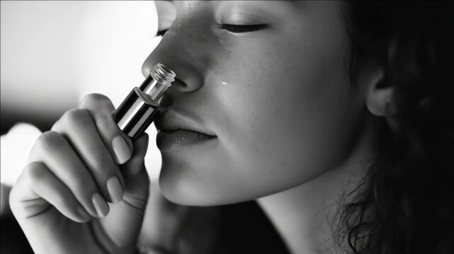 A woman enjoying a whiff of perfume from the bottle. Close-up shot focusing on her face and hand holding the bottle.