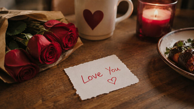 Valentine's day card with red roses on wooden table