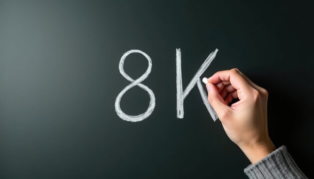 Hand writing 8K on chalkboard with chalk in classroom setting. Writing involves careful strokes and clear characters as the person emphasizes 8K number in educational environment.