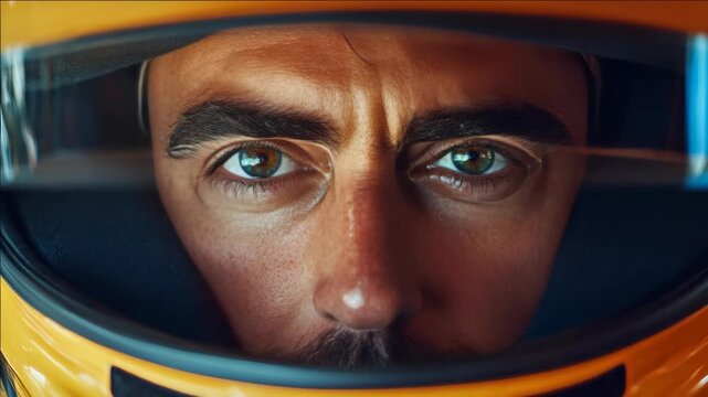 A focused racing driver in an orange helmet
