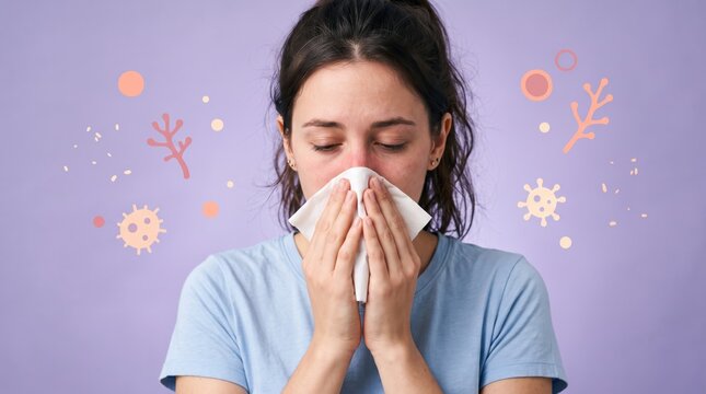 Sick woman sneezing into tissue with illustrated germs, flu virus, seasonal allergy symptoms, healthcare and immunity protection, cold winter illness, medical hygiene