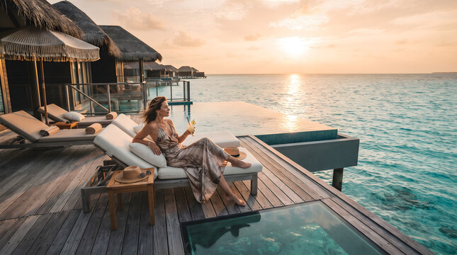 Elegant Woman Relaxing on a Luxury Overwater Villa Deck During a Golden Sunset in a Tropical Paradise